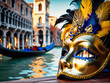 Venice masquerade carnival with golden masks, feathers, and festive atmosphere.