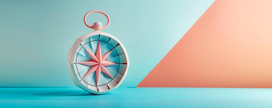 Management effectiveness shown through a pastel origami compass guiding the minimalist business journey