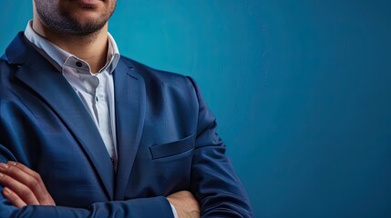 Wall Mural - Unrecognizable Caucasian man portrait, for business profile, blue background.