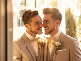 Wall Mural - Joyful Same-Sex Couple on Their Wedding Day Two grooms share a joyful moment, touching foreheads and smiling on their wedding day, bathed in the warm light of sunset.

