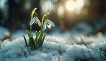 Two Snowdrops Are Seen Grown In The Snow In A Forest, Showcasing Tilt Shift, Contemporary Scandinavian Art, Backlit Photography, Swiss Realism, And Flower Power.