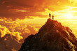 Two people are seen on top of a mountain in a success timelapse, showcasing realistic and hyper-detailed ings, bold gestures, and colors of orange and bronze.