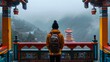 Tourist Viewing Buddhist Pagoda in Mountainous Landscape
