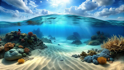 Seabed sand with blue tropical ocean above, empty underwater world , ONLY SAND.Underwater world: sandy bottom of the tropical ocean.Bright colors of the underwater world: photos of the sandy bottom.Th