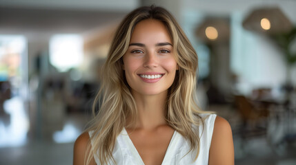 Smiling beautiful elegant businesswoman standing at lobby in a modern business office tower.