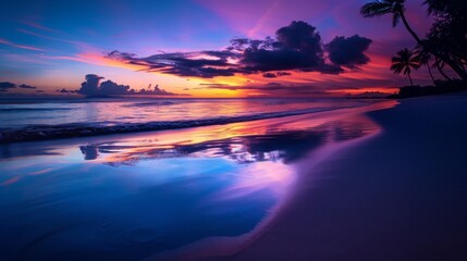 Wall Mural - Tropical beach sunset with vibrant colors and light reflections