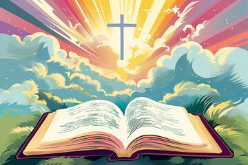 Open Book with Cross in the Sky. Bible Illustration Art Depicting Paradise, Sunlight, Prayer, Nature, Sky, and Clouds, Easter Sunday Background