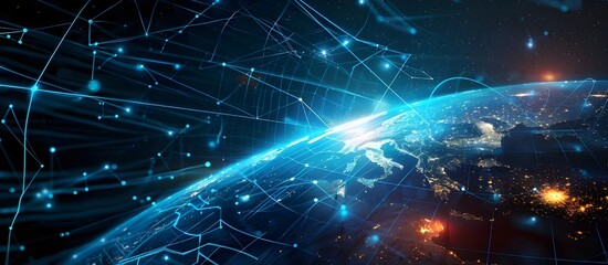 Poster - Digital world globe centered, concept of global network and connectivity on Earth, data transfer and cyber technology, information exchange and international telecommunication