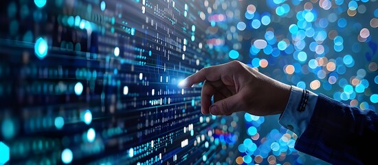 Poster - Hand touching on AI machine learning on virtual screen. Data Science, cyber security technology concept Background,
