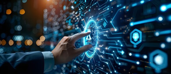 Poster - cyber security and internet security online, a businessman touching fingerprint identification to access personal financial data on a digital network,