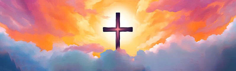 Cross in the Sky. Christian Easter Sunday, Symbolizing Jesus Christ's Crucifixion on a Colorful Sunset Background