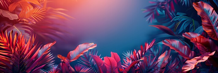 Wall Mural - Tropical leaves, colorful glowing neon summer background.