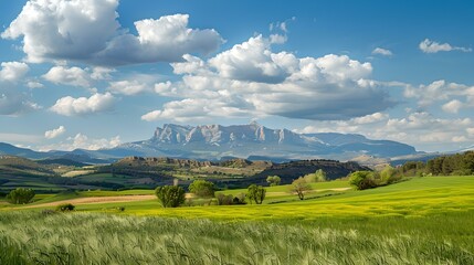 Wall Mural - Serene landscape with majestic mountains and lush green fields. perfect for nature themes and travel brochures. calming outdoor scenery. AI