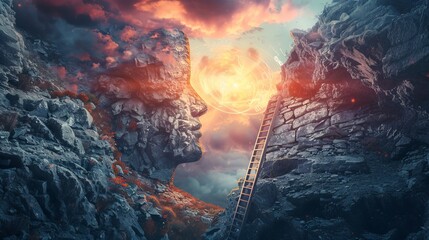 Depicting the concept of an open mind, a deep mountain cliff takes the form of a human head. A ladder leads to the outside, symbolizing spiritual discovery in psychology and mental health