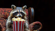 Cozy Raccoon Settled in Cinema Armchair with a Bucket of Popcorn