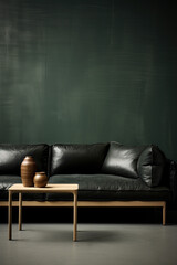 Wall Mural - Black leather sofa and coffee table in the living room.