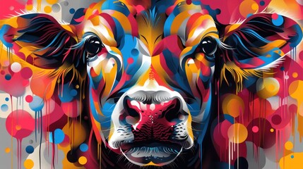 Wall Mural - a colorful painting of a cow's face on a gray background with circles and drops of paint on the cow's face.