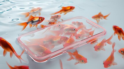 Surreal scene of goldfish and clear container in white watery background. creative, tranquil, digital art. ideal for modern decor. AI