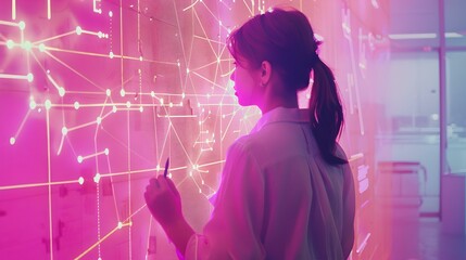 Aufkleber - Woman interacts with futuristic interface. touchscreen technology concept in a neon-lit environment. modern communication display. AI