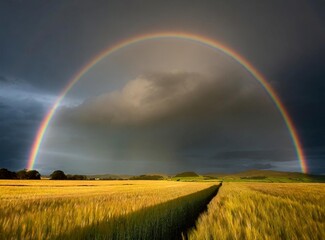  UK, Scotland, Rainbow arching against dark storm clouds over vast barley (Hordeum vulgare)