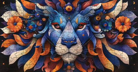 Wall Mural - a jigsaw puzzle with a picture of a lion's head and flowers on the front of it.