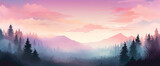 Fototapeta Fototapety z mostem - Picturesque gradient forest with misty trees and a colorful sky, showcasing the cutest and most beautiful woodland scenery.