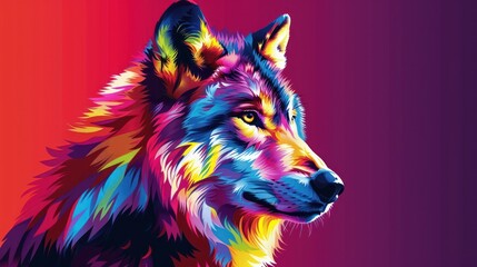 Wall Mural - a close up of a colorful wolf on a red and purple background with a blue sky in the back ground.