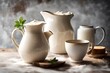 A gentle pour of milk into a rustic pitcher, capturing the creamy texture in motion.