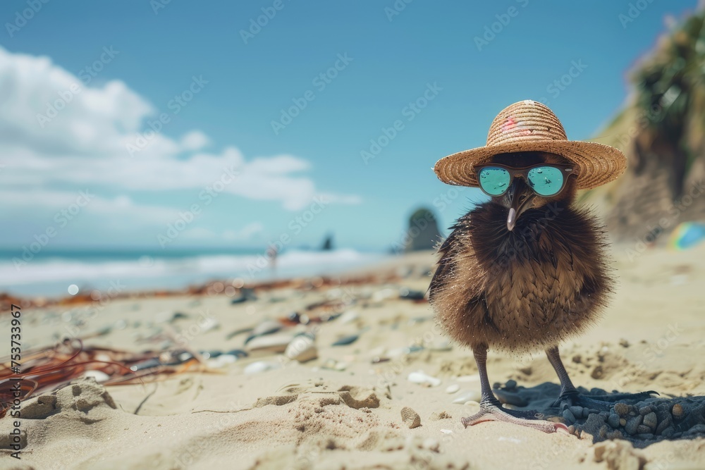 Kiwi bird in sunglasses and hat on the beach near the sea, looking