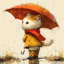 A Painting Of A Cat Wearing A Yellow Raincoat And Holding An Orange And Red Umbrella Over It's Head.