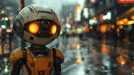 a humanoid robot with glowing eyes stands before a blurred urban backdrop, illuminated by the neon l