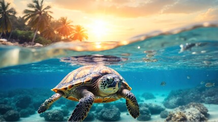 A green sea turtle swimming in a beautiful blue ocean reef at an island with fishes, seaweed and corals. turquoise water color