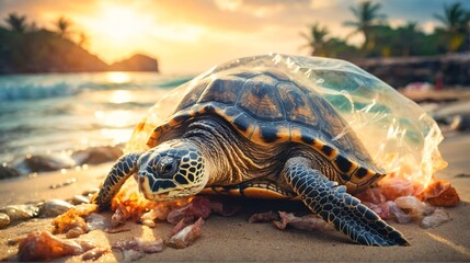 Wall Mural - Plastic pollution in ocean problem. Sea Turtle in plastic bag, A turtle trapped in a plastic bag in the ocean.