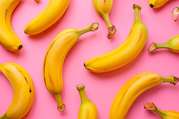 Sticker - fruit pattern of fresh banana slices on pink background. Top view