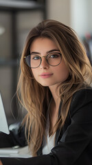 Sticker - young business women with glasses sitting in front of her desktop pc