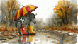 a painting of a zebra standing in the rain with a red and yellow umbrella next to a pair of well - worn boots.
