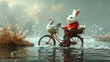 a painting of a rabbit riding a bike in the water with a duck in the basket on the back of it.
