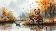 A Watercolor Painting Of A Teddy Bear Riding A Bike With A Duck In Front Of A Pond And Trees.