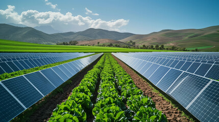 Wall Mural - photovoltaic system on a farmer's field between green vegetables