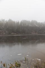 Wall Mural - river bank and water in winter in foggy weather