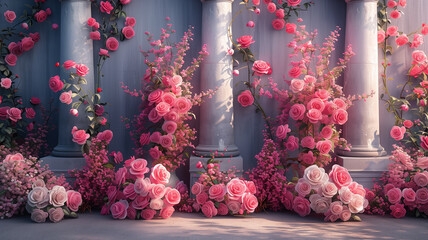 Wall Mural - A wall of pink flowers is arranged in a way that they are all facing the same di