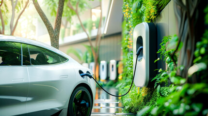 Sticker - Charging station for electric cars, green energy and eco power produced from sustainable source to supply to charger station. Generative AI.