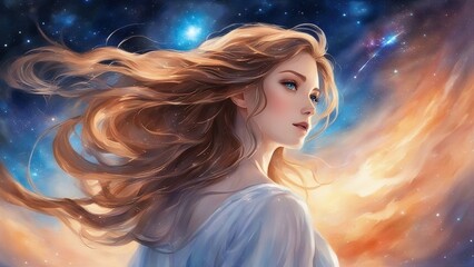 Wall Mural - person in the night anime         A stunning woman in a galaxy nebula, painted with watercolor. She has long brown hair  