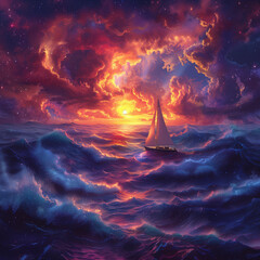 Wall Mural - A colorful painting of a sailboat on a stormy sea with a bright orange sun