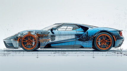 a side of the image is in blueprint technical drawing style of a experimental car,generative ai