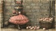 a painting of a fox in a pink dress next to a basket of eggs and a basket of quails.