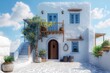 A traditional Greek rural town house with white walls, stunning blue windows, and a quaint balcony.