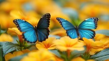Two Blue Butterflies Sitting On Top Of A Yellow Flower Filled With Yellow And Green Flowers In A Field Of Yellow Flowers.