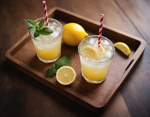 A glass of lemon juice bloom refrigeration effect. On a wooden tray two lemons and mint leaves.