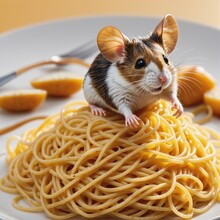 A Hamster Sits On A Plate Of Pasta.